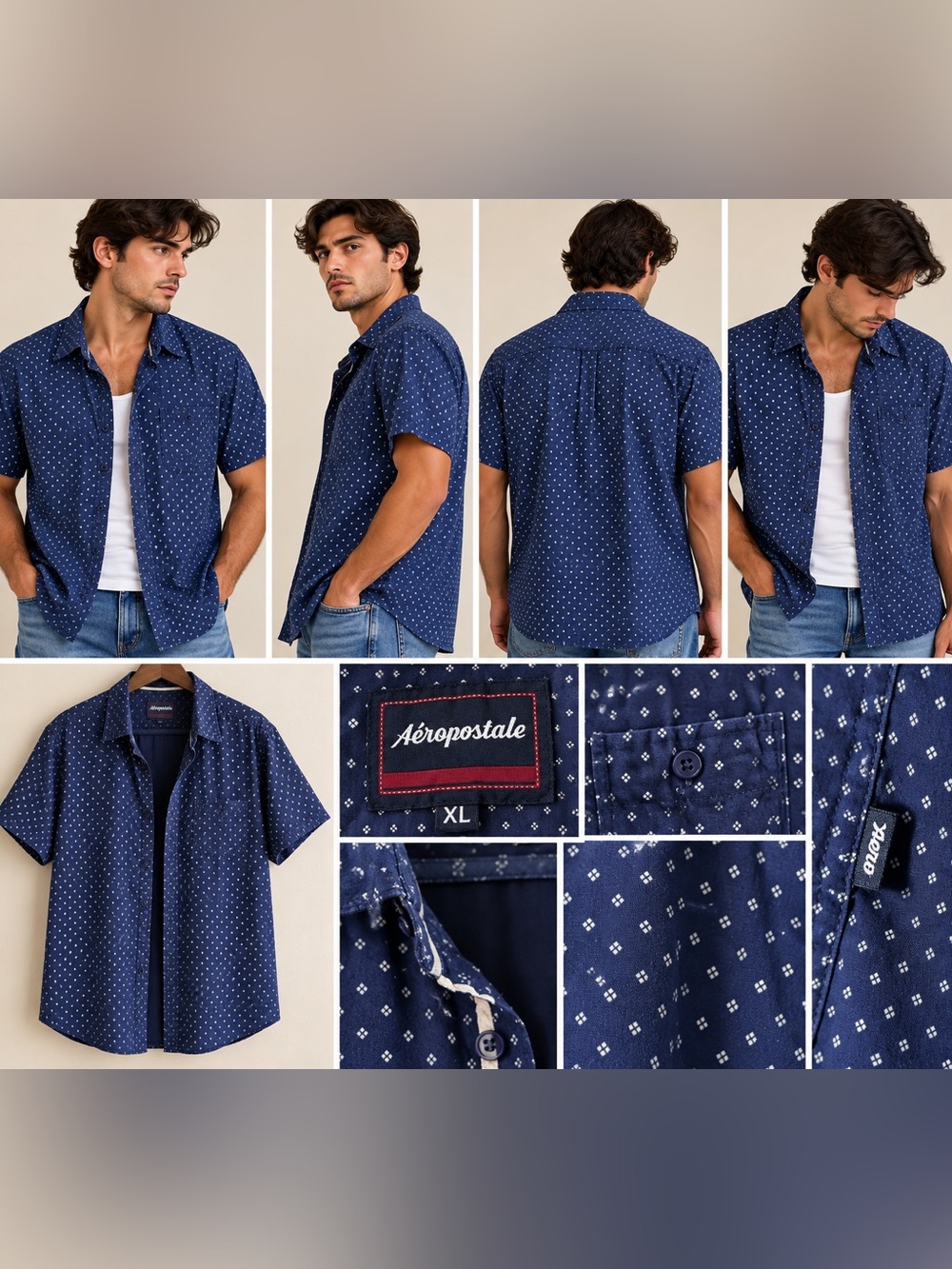 Aeropostale Men’s Navy Button-Down Short-Sleeve Shirt with White Micro Diamonds